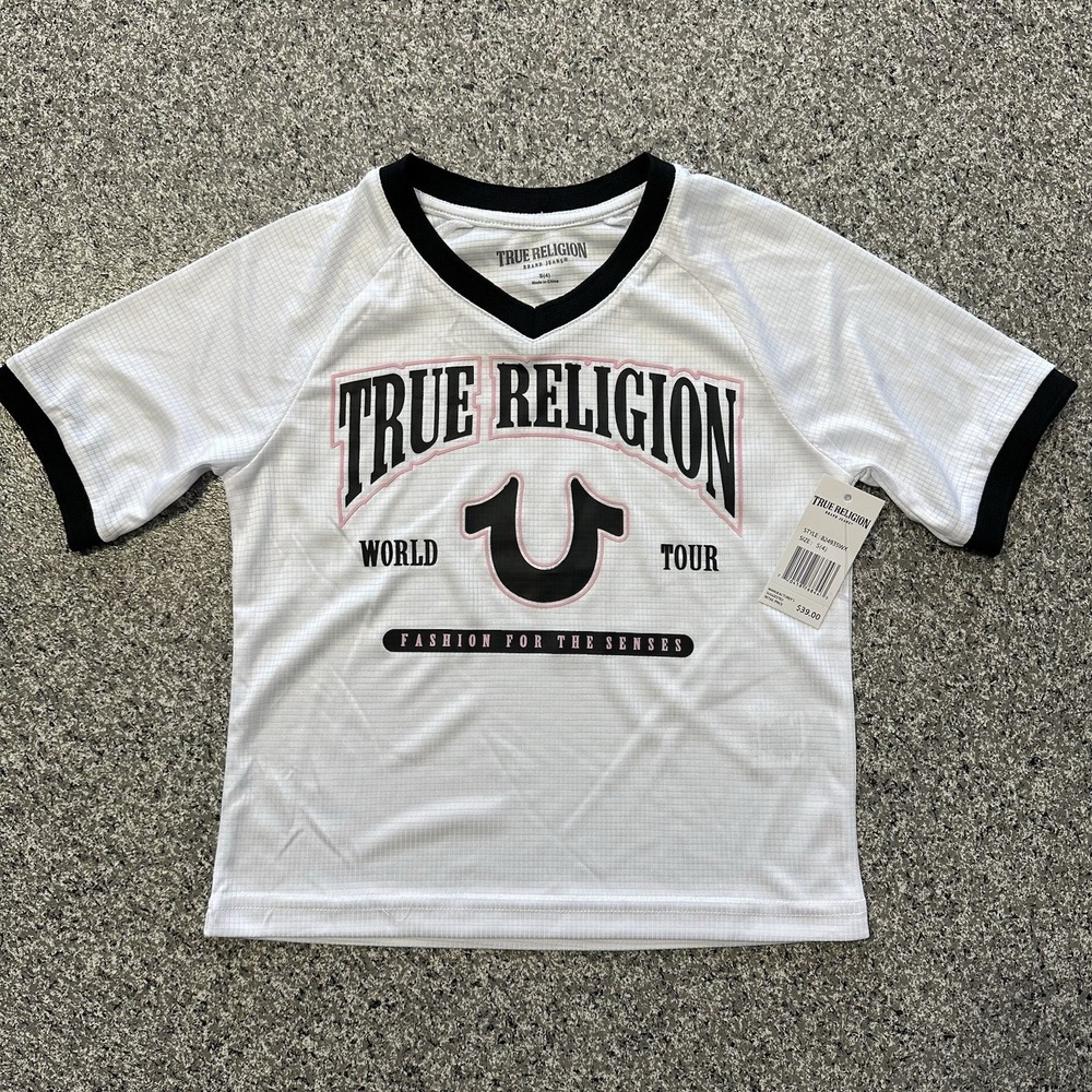 True Religion World Tour Jersey Shirt Kids Girls S 4 White Black Short Sleeve